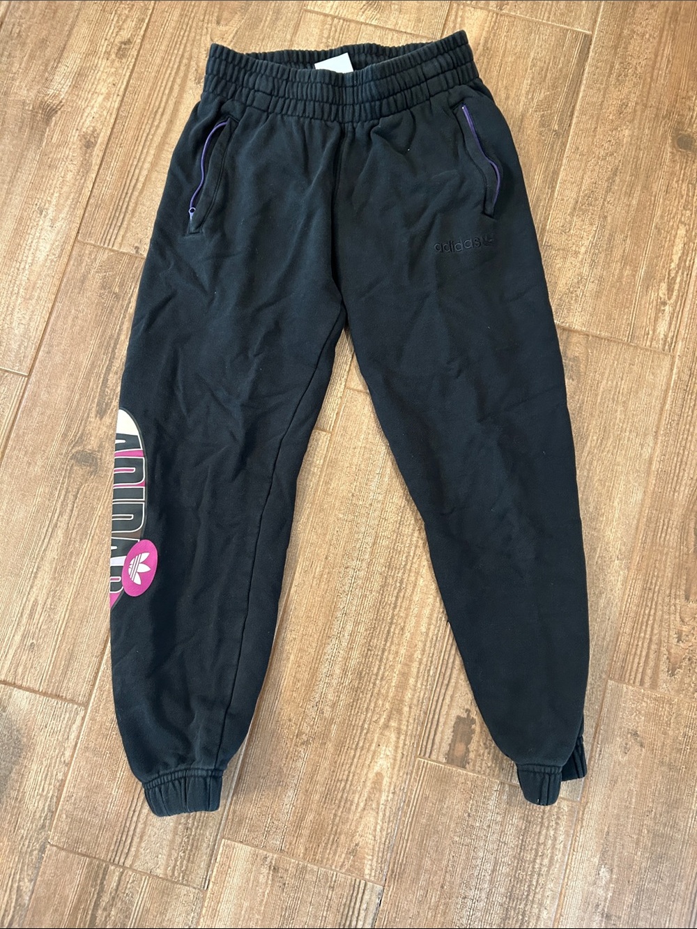 adidas Kids Black Joggers with Pink & Purple Logo Details